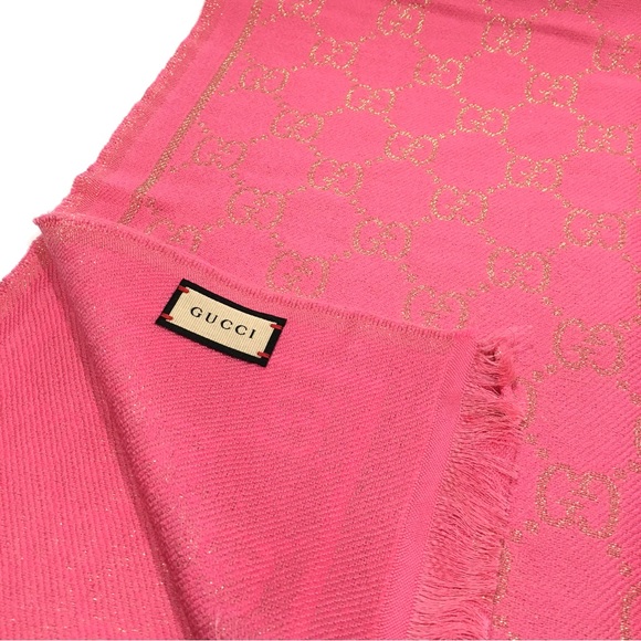 GUCCI GG Guccissima Long Scarf -Pink / Metallic Gold -Wool Modal Blend -NWT - Picture 6 of 8